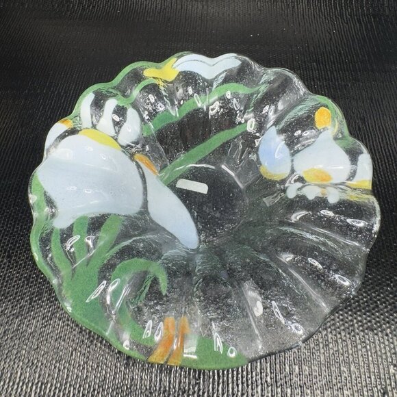 Sydenstricker Fused Art Glass Bowl Ruffled Edges Flower Pattern Original Sticker - Picture 7 of 14